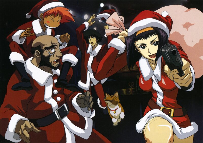 Santa-clad characters in action