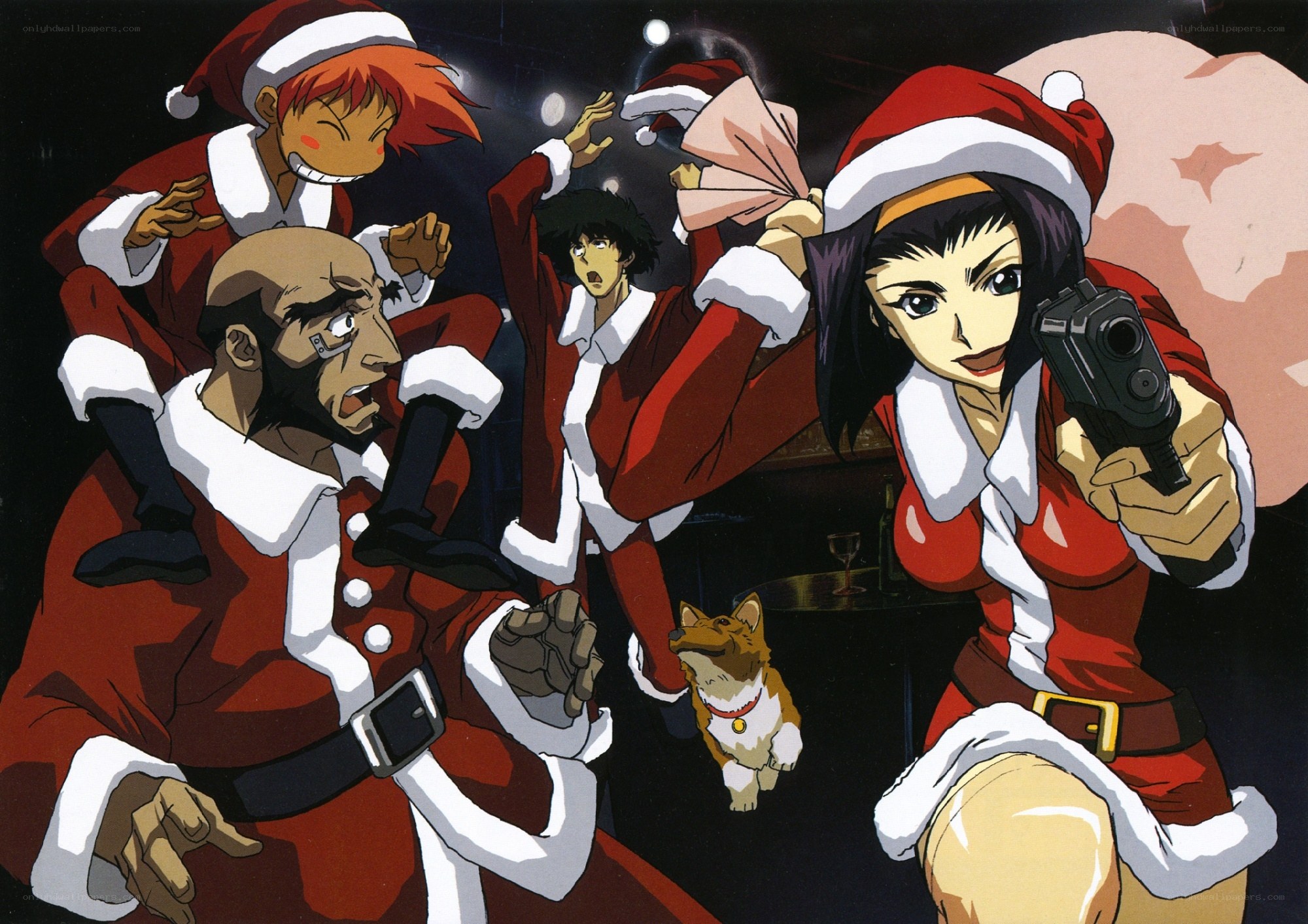Santa-clad characters in action