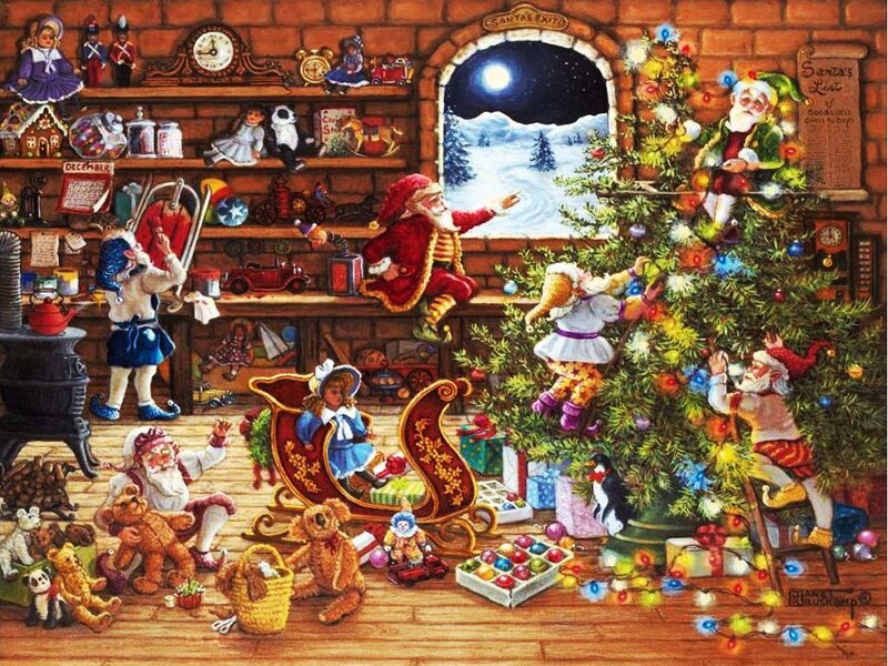 Santa Claus and Elves — Green, Festive, Night