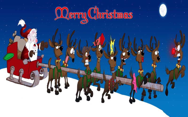Santa Claus and Reindeer — Blue, Festive, Night, Illustration, Sleigh