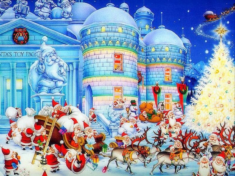 Santa Claus and Reindeer — Blue, Festive, Night, Illustration