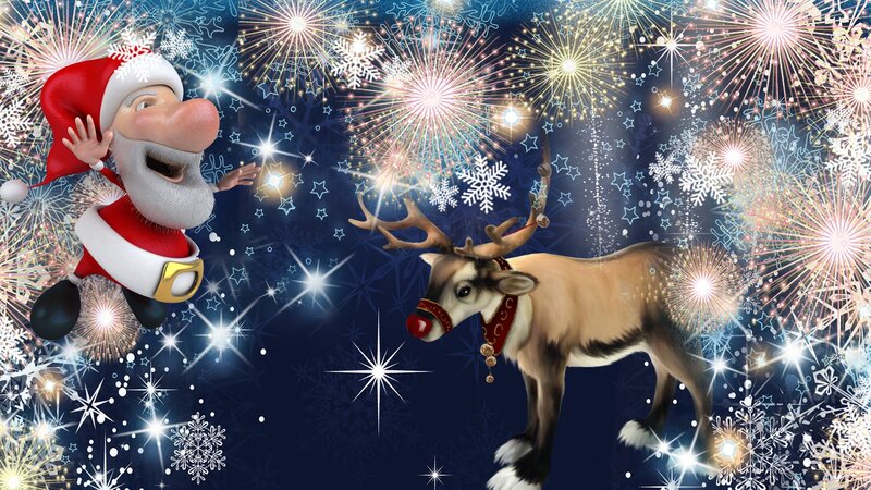 Santa Claus and Reindeer — Blue, Festive, Night