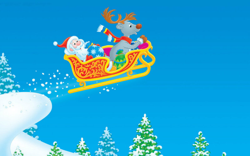 Santa Claus and Reindeer — Blue, Festive, Winter, Illustration