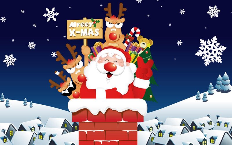 Santa Claus and reindeer in chimney
