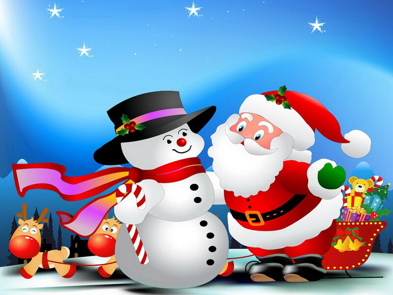 Santa Claus and Snowman — Blue, Festive, Night