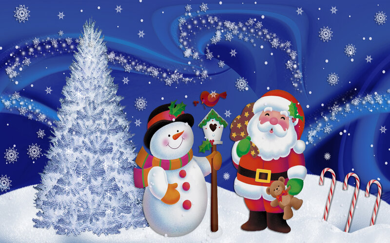 Santa Claus and Snowman — Blue, Festive