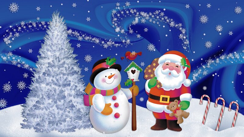 Santa Claus and Snowman — Blue, Festive, Winter, Digital Art, Christmas Tree