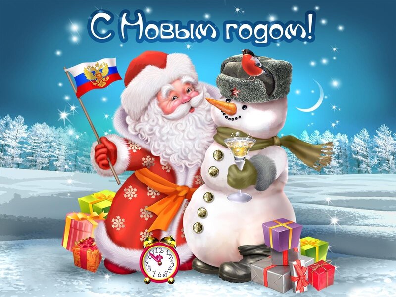 Santa Claus and Snowman — Blue, Festive, Winter, Digital Art, Flag