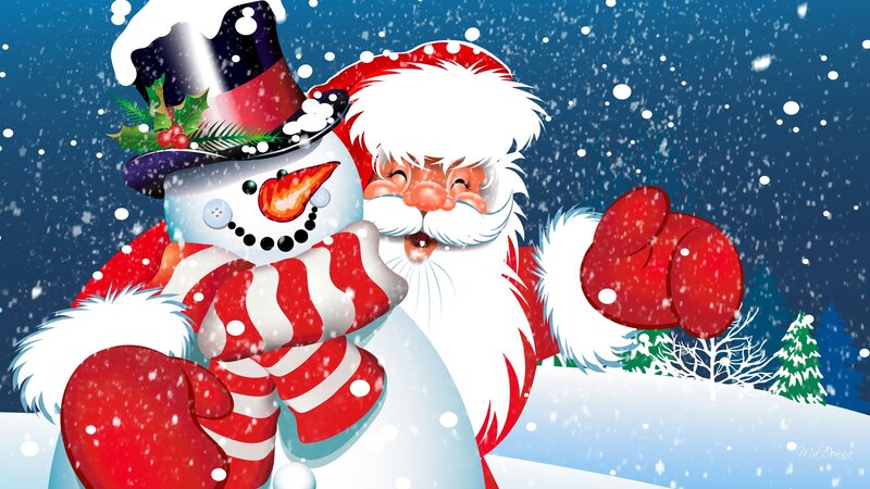 Santa Claus and Snowman — Red, Festive, Winter, Digital Art