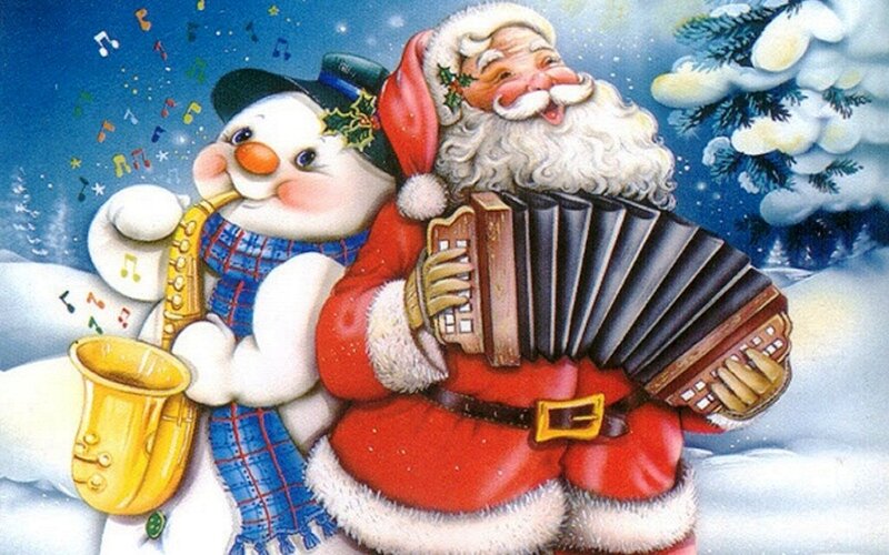 Santa Claus and Snowman — Red, Festive, Winter, Illustration, Saxophone