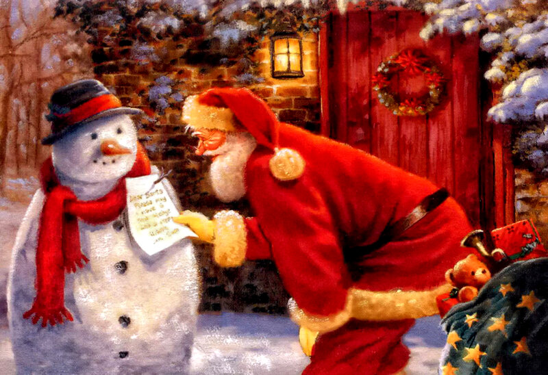 Santa Claus and Snowman — Red, Festive, Winter, Painting