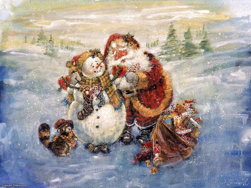 Santa Claus and Snowman — White, Festive