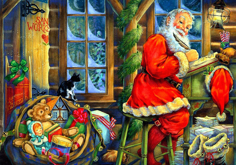 Santa Claus at Desk — Red, Festive, Night