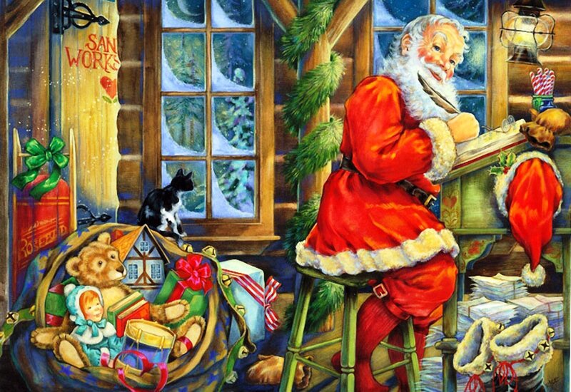 Santa Claus at Desk — Red, Festive, Winter