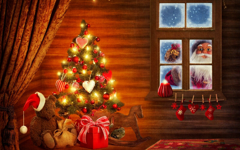 Santa Claus at Window — Red, Cozy, Night