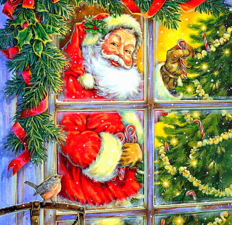 Santa Claus at Window — Red, Festive, Winter