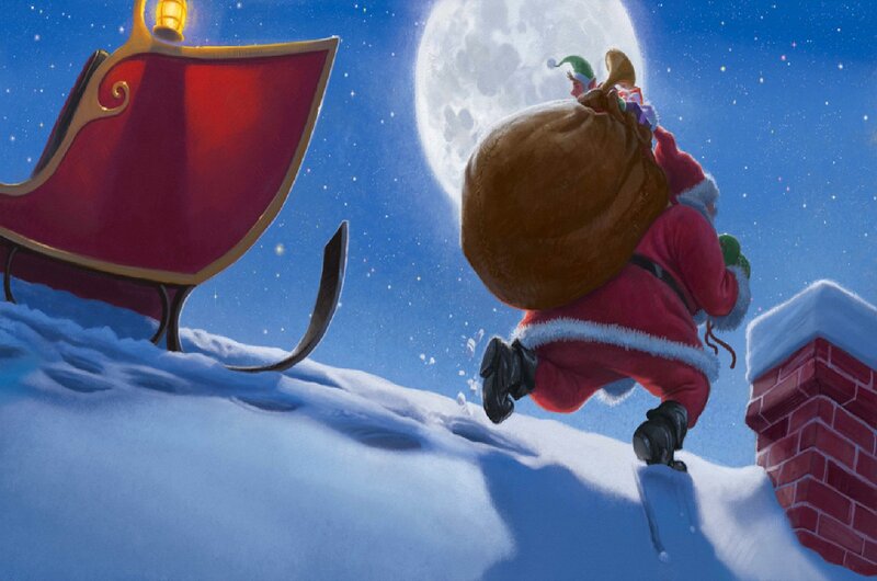 Santa Claus Carrying Sack — Blue, Festive, Night