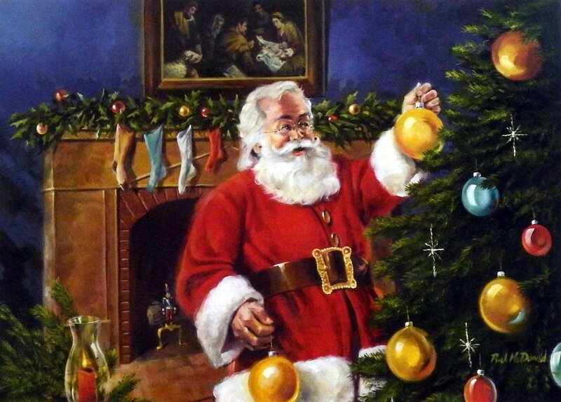Santa Claus Decorating Tree — Red, Festive, Night, Painting