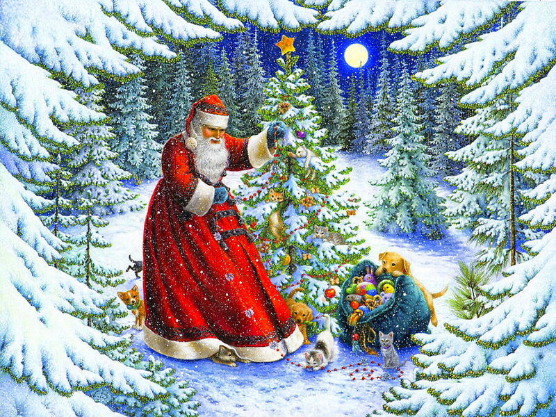 Santa Claus Decorating Tree — Red, Festive, Night