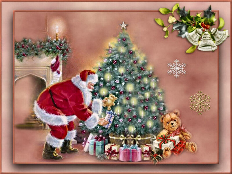 Santa Claus Decorating Tree — Red, Festive, Winter
