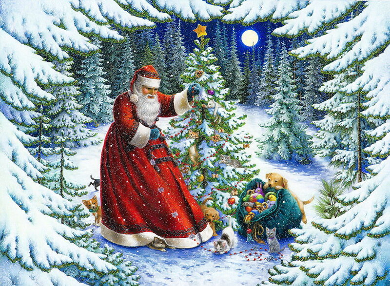 Santa Claus Decorating Tree — Red, Peaceful