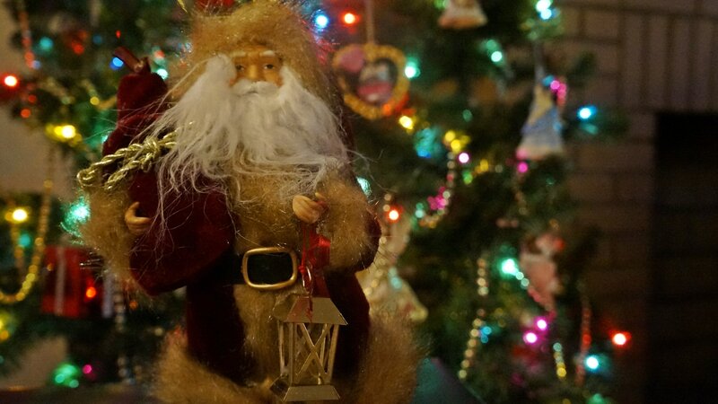 Santa Claus Figurine — Red, Festive, Night, Photograph, Christmas Tree