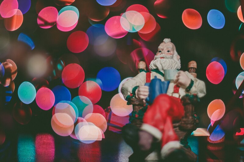 Santa Claus Figurine — Red, Festive, Night, Photograph, Lights