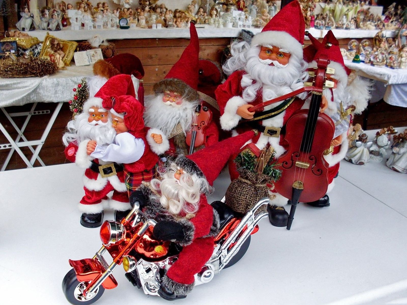 Santa Claus figurines on display