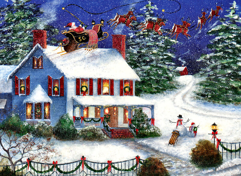 Santa Claus Flying over House