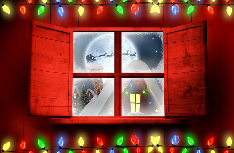 Santa Claus Flying over Houses — Red