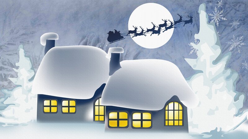 Santa Claus Flying over Houses