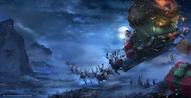 Santa Claus flying over mountains