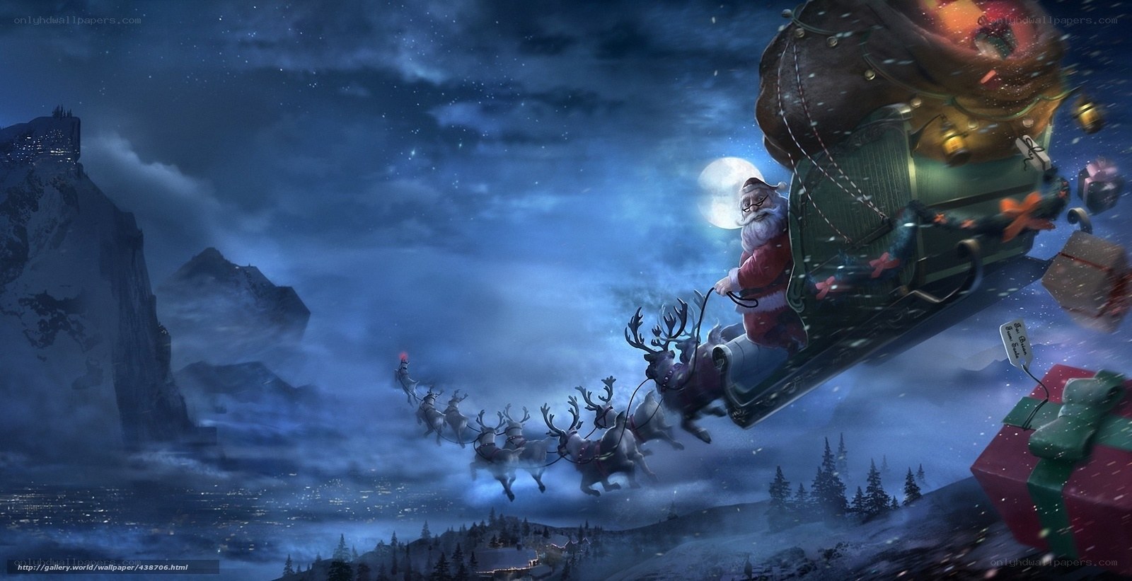 Santa Claus flying over mountains