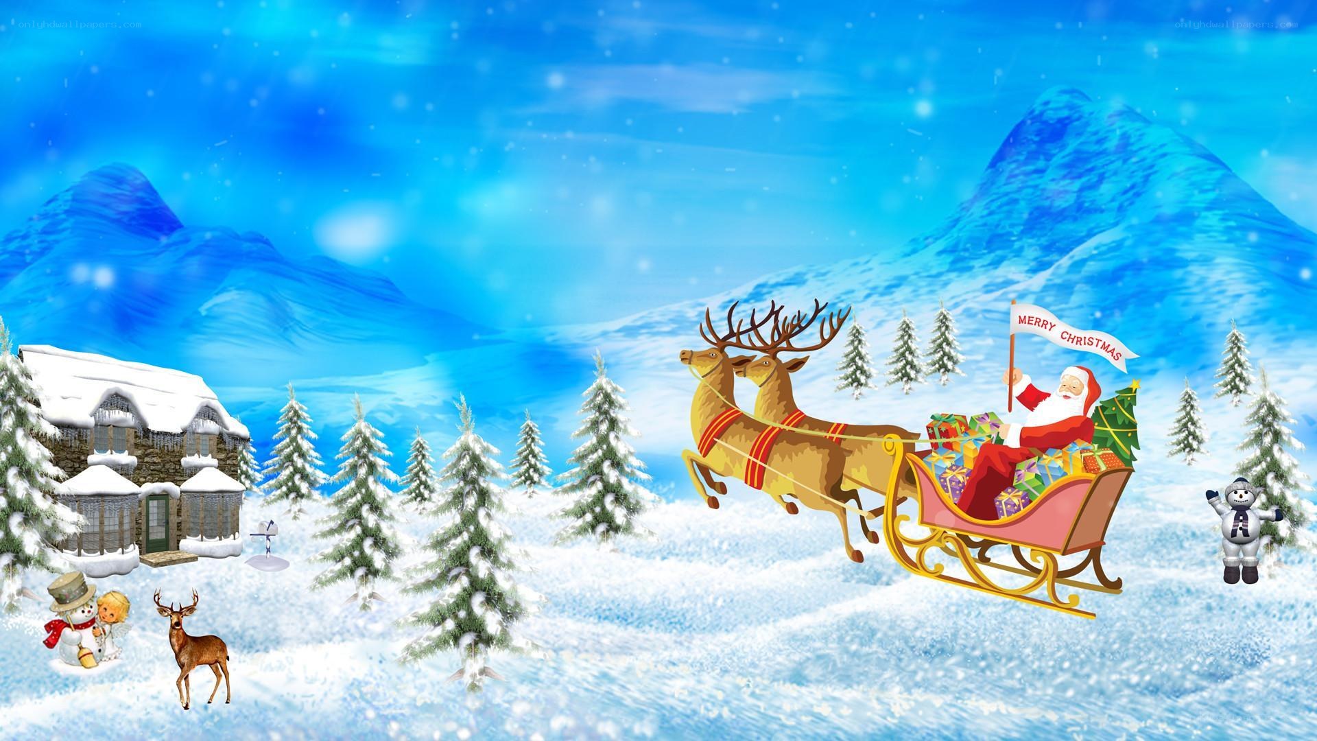 Santa Claus flying over snowy landscape