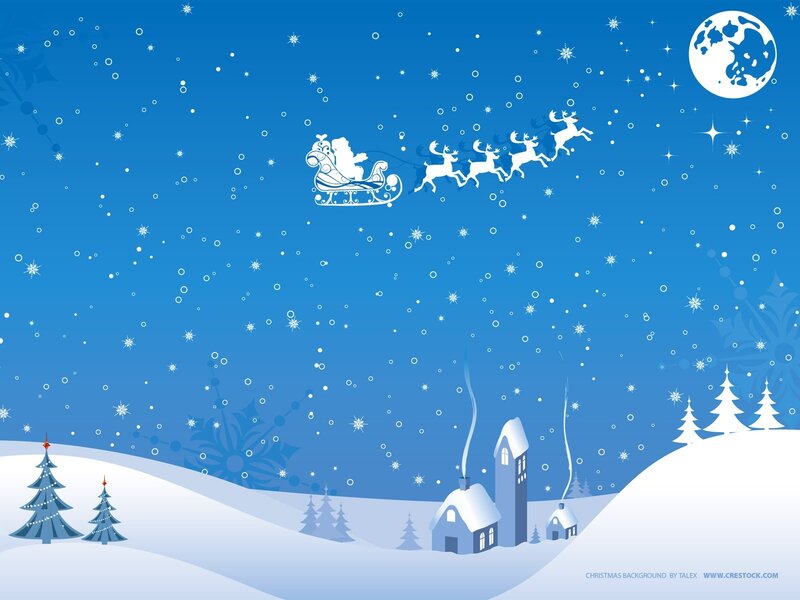 Santa Claus flying over snowy village