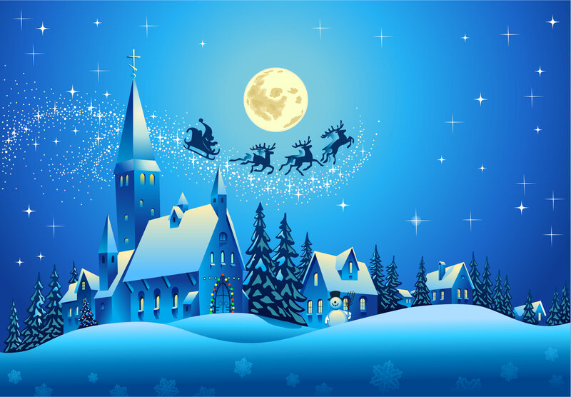 Santa Claus Flying over Town — Blue