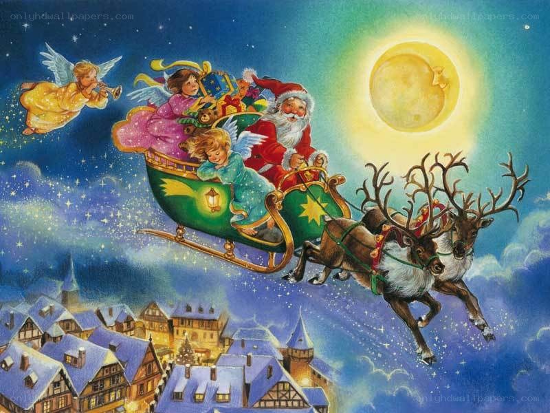 Santa Claus flying over town