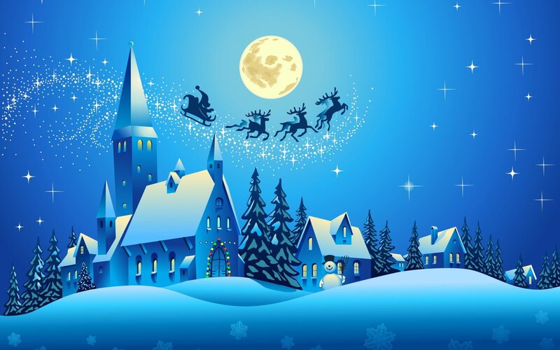 Santa Claus Flying over Village — Blue