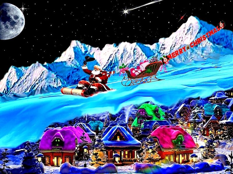 Santa Claus Flying over Village