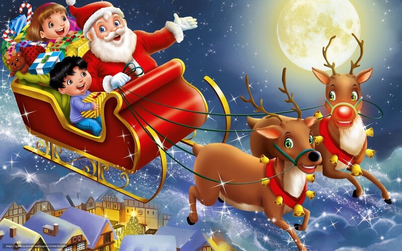 Santa Claus flying with reindeer
