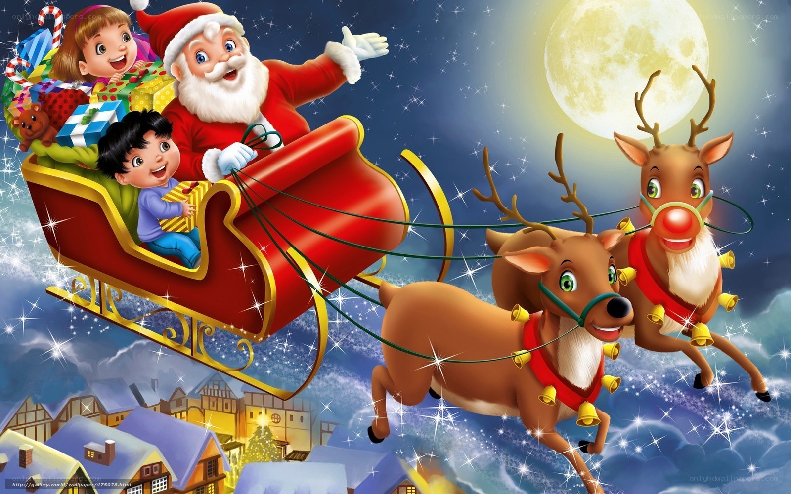 Santa Claus flying with reindeer