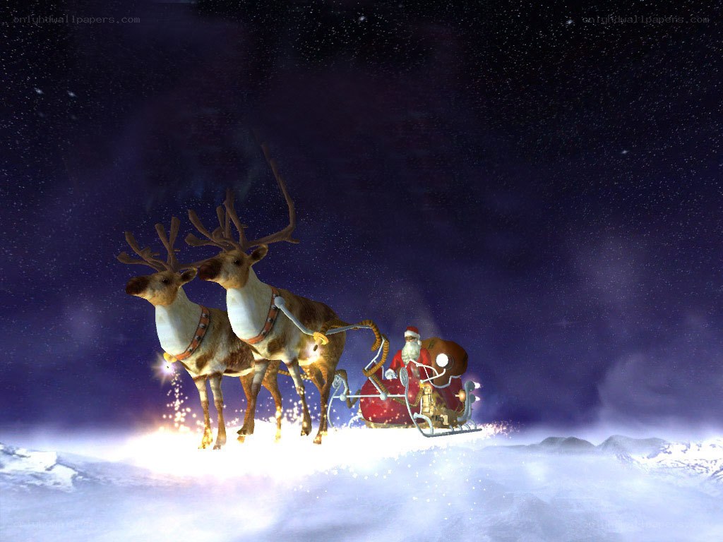 Santa Claus flying with reindeer