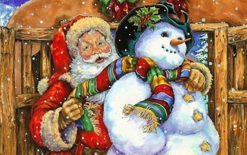 Santa Claus Hugging Snowman — Red
