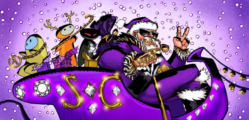 Santa Claus in a purple sleigh