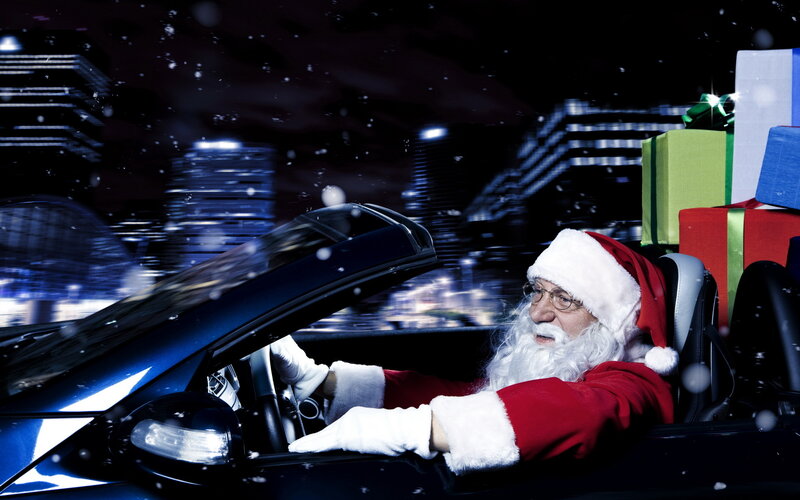 Santa Claus in Car — Red, Festive, Night