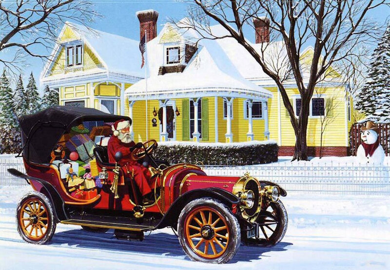 Santa Claus in Car — Red, Festive, Winter, Illustration