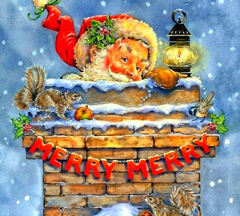 Santa Claus in Chimney — Red, Festive, Winter, Illustration