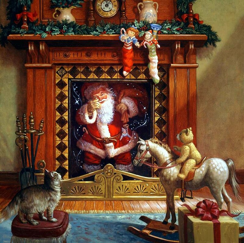 Santa Claus in Fireplace — Red, Festive