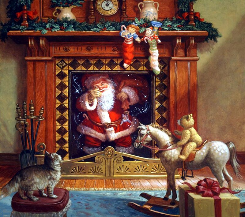 Santa Claus in Fireplace — Red, Festive, Winter