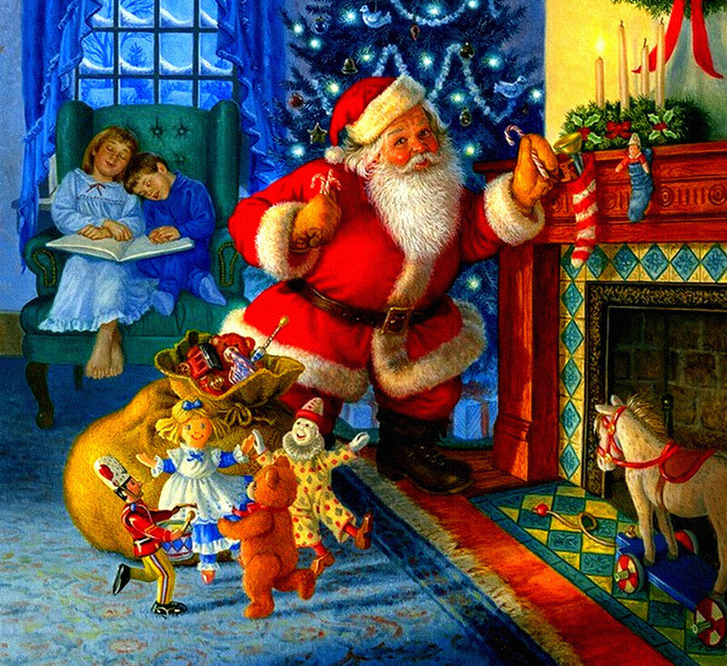 Santa Claus in Living Room — Red, Festive, Night, Illustration, Children